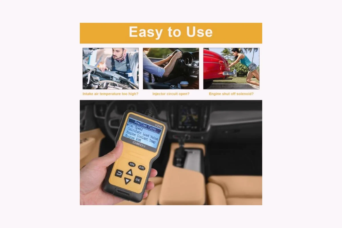 Easy to use V310 OBD2 scanner plugged into a car for reading engine fault codes